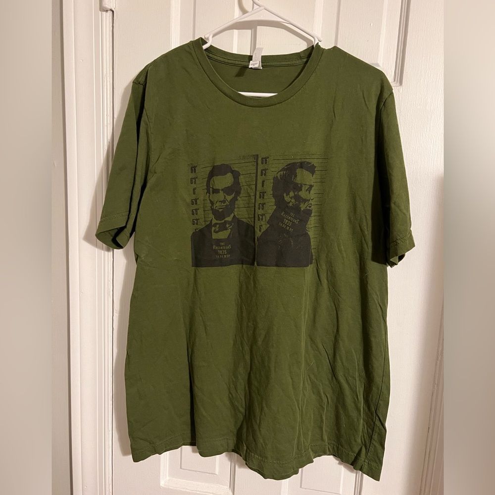 Raconteurs band t-shirt featuring Lincoln’s mugshot